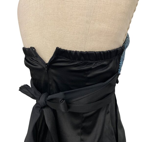 Ruby Rox Strapless Black Satin Mini Dress W/ Blue Sequins Bust & Bow Detail - Picture 7 of 8
